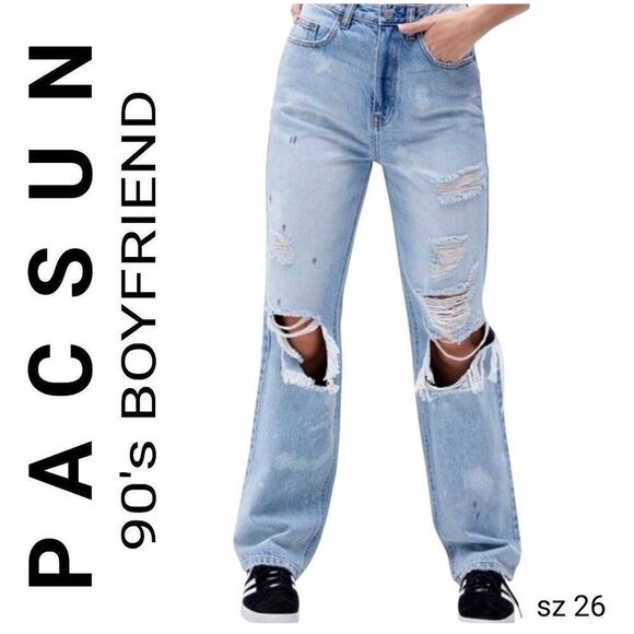 Pacsun 90's Boyfriend Rip Torn Very Distressed Denim High Rise Blue Jeans - Picture 1 of 12